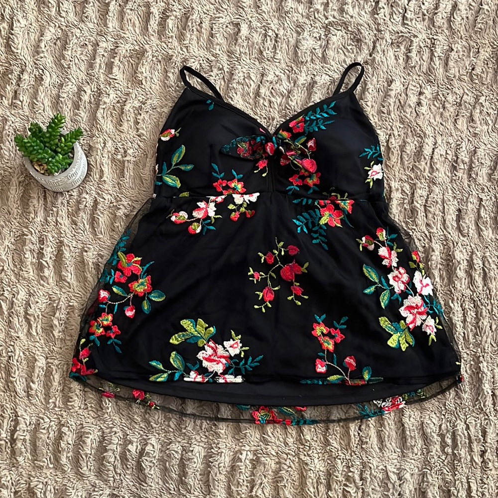 Black floral strappy sheer tank